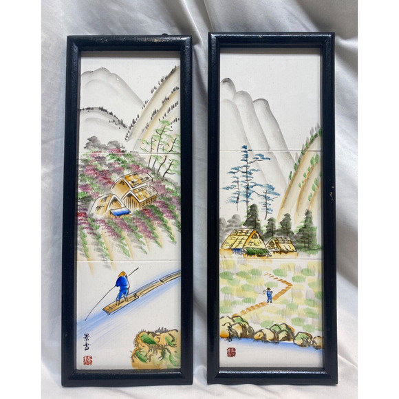 VTG WALES PORCELAIN TILES HAND PAINTED JAPANESE COUNTRY SCENE SIGNED & FRAMED - Picture 1 of 5